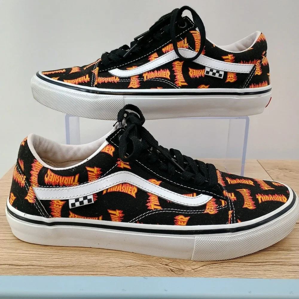 Vans Old Skool Thrasher Skate Shoes Men's 10 Black Flame Canvas Low Top Sneakers